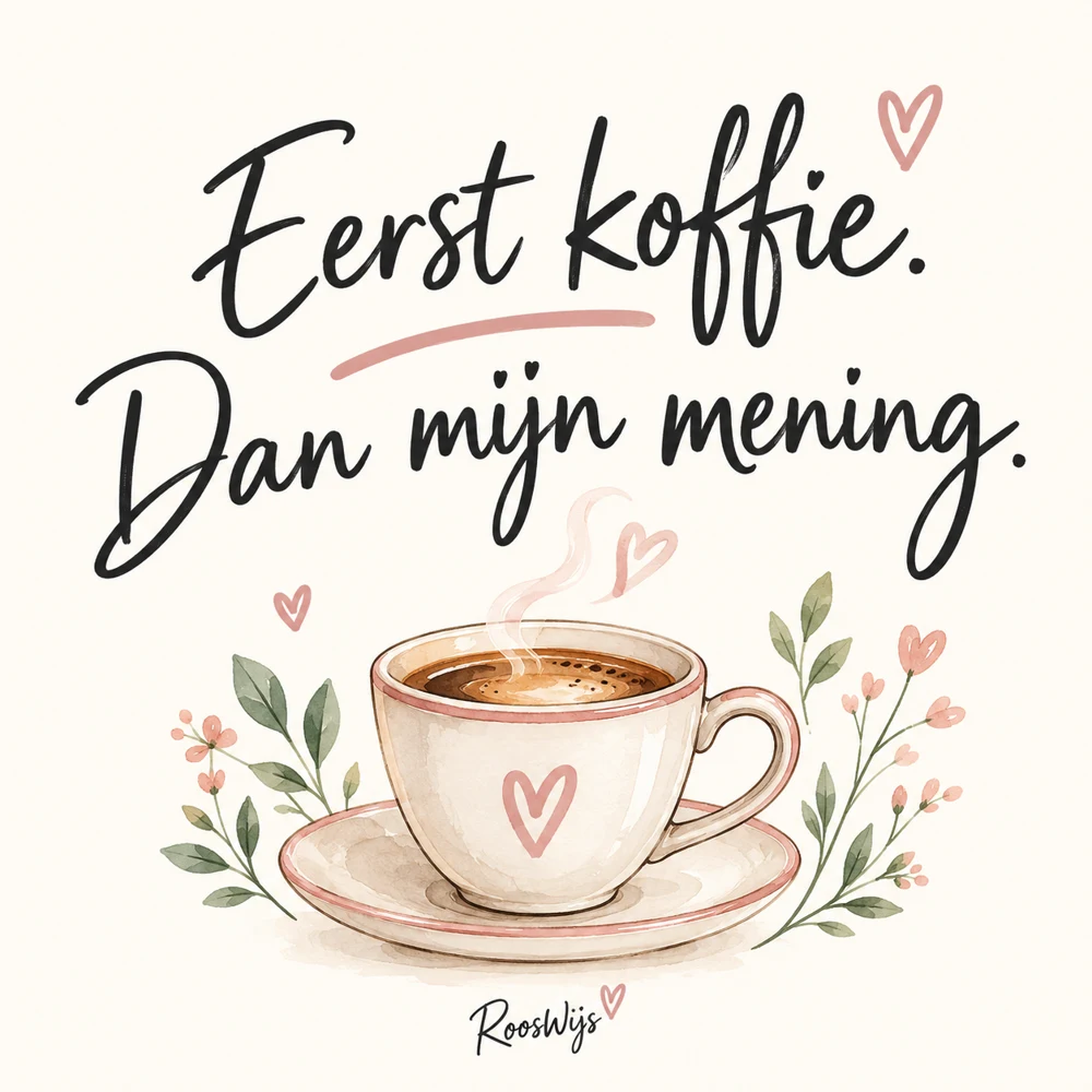 Tegeltjesontwerp met aquarel koffiekop en de tekst Eerst koffie. Dan mijn mening.