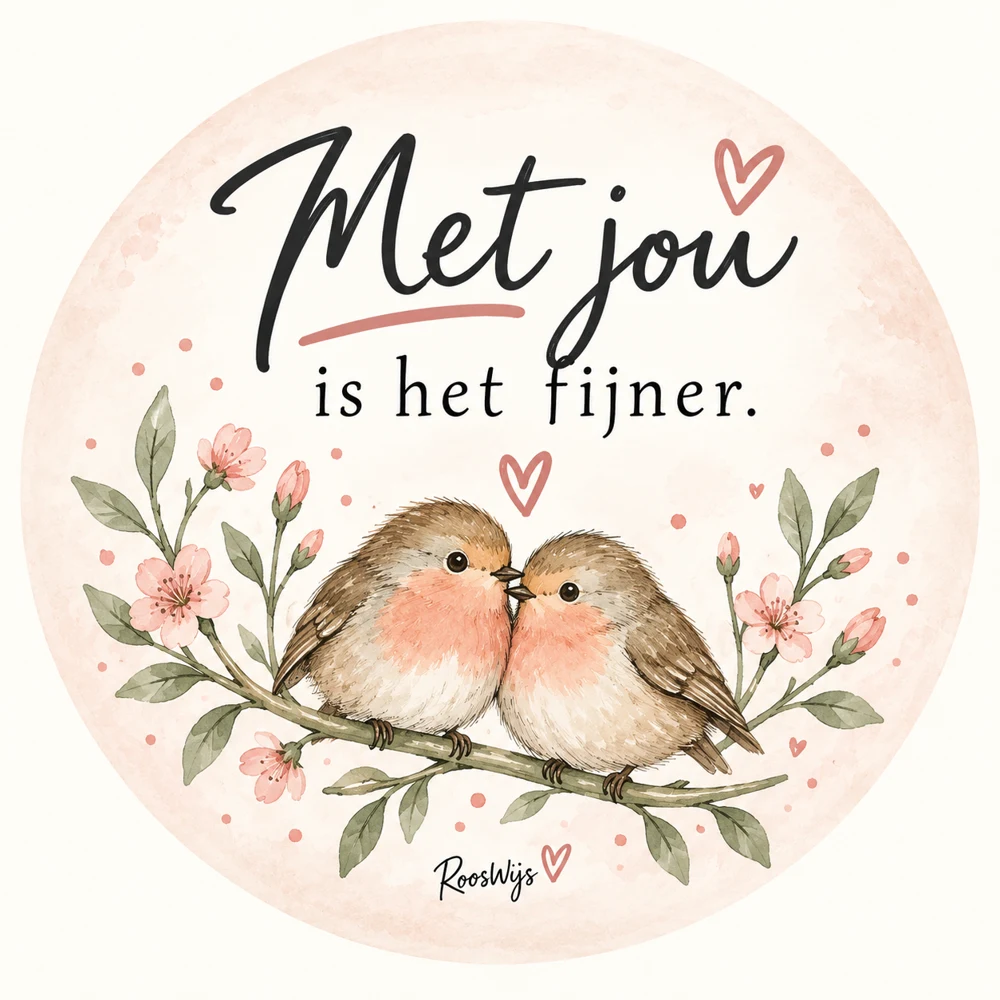 Rond onderzetterontwerp met twee vogeltjes en de tekst Met jou is het fijner.